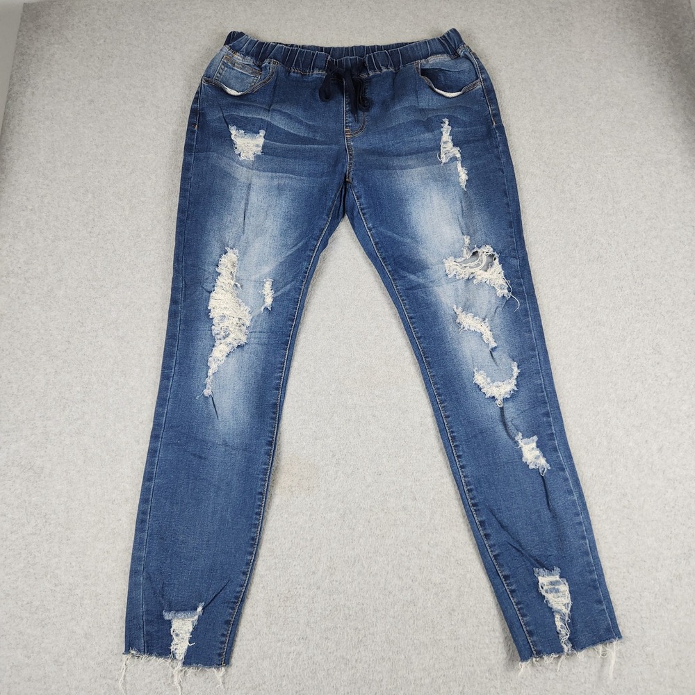 Womens Jeans XL Blue Denim Faded Distressed Drawstring Elastic Waist Skinny Leg